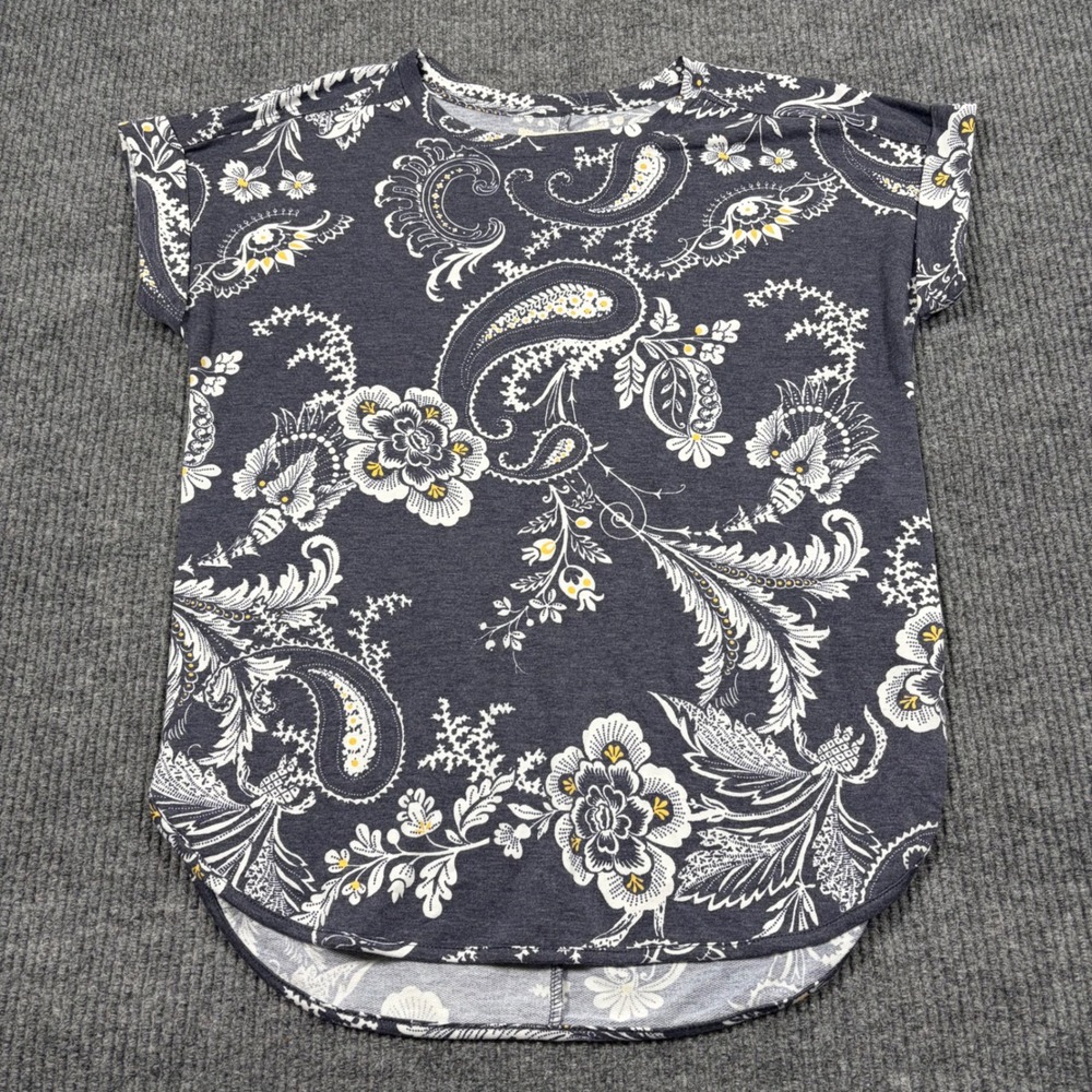 Cupio Blush Shirt Womens L Gray Paisley Floral Short Sleeve High Low Hem Top